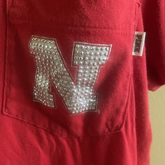 Women’s PINK Bedazzled Nebraska Huskers Short Sleeve Red Shirt Size Large - Picture 2 of 13